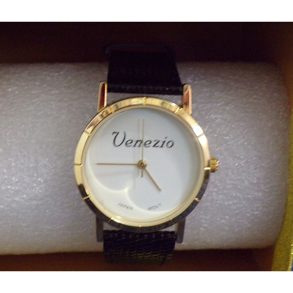 VTG Men's Venezio Dress Classic Gold Tone White Black Leather Band In Gift Box